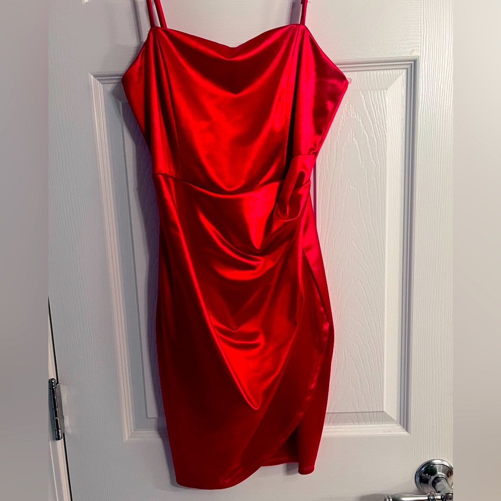 Classy red satin cocktail dress.